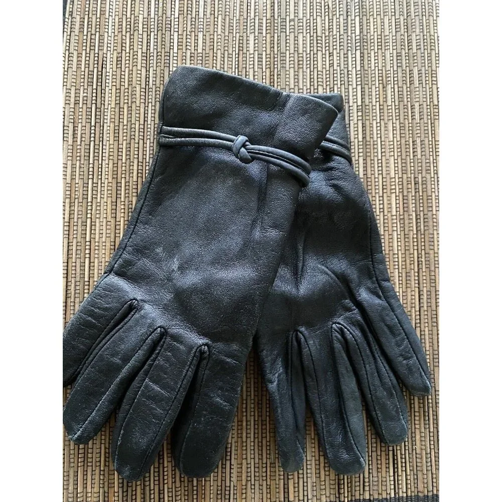 Vintage Womens Dark Brown Leather Gloves With Knotted Detail Size 7/ S India EUC